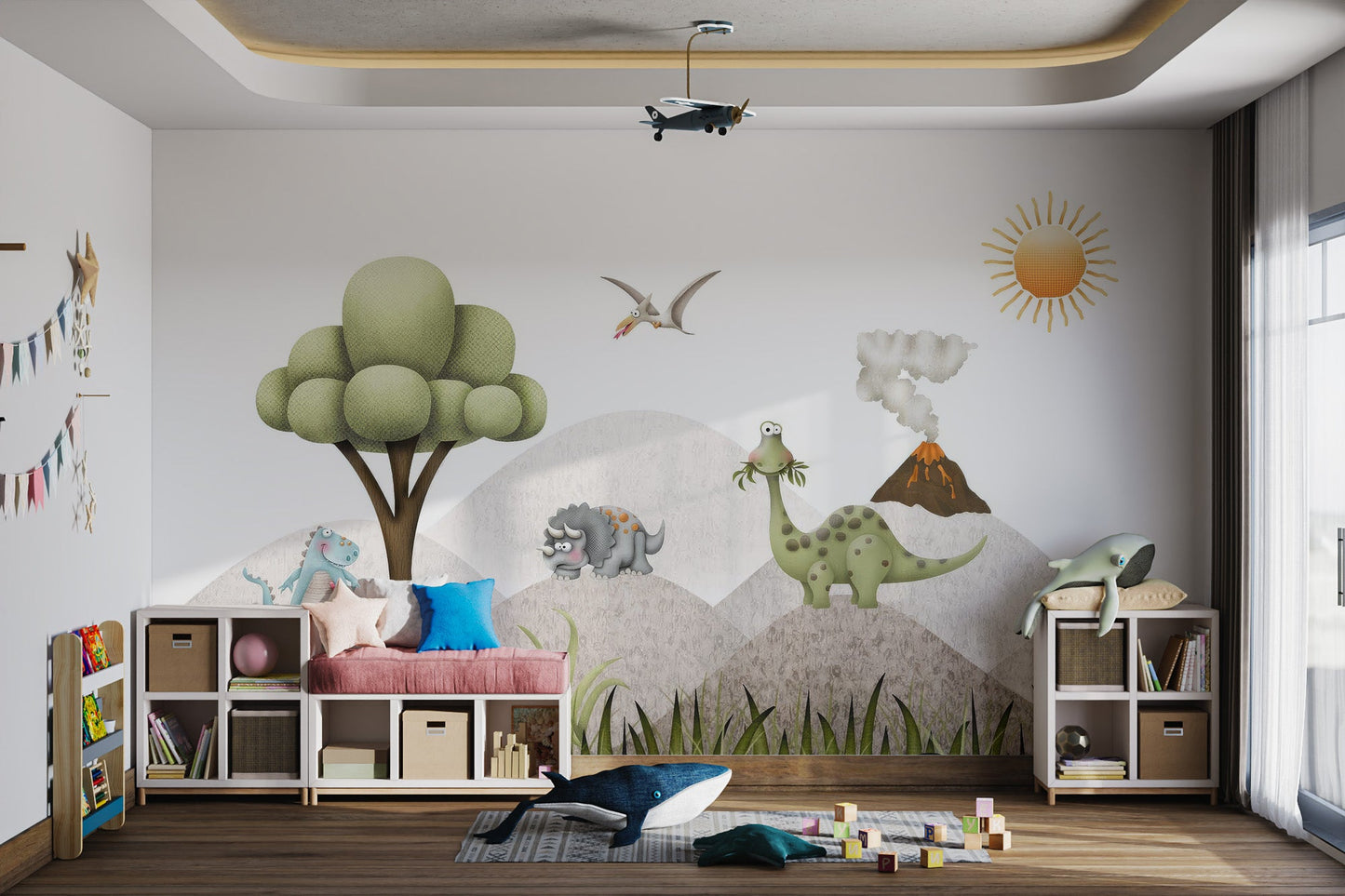 Cute dinosaur mural with green hills, volcano smoke for child's playroom.