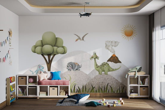 Cute dinosaur mural with green hills, volcano smoke for child's playroom.