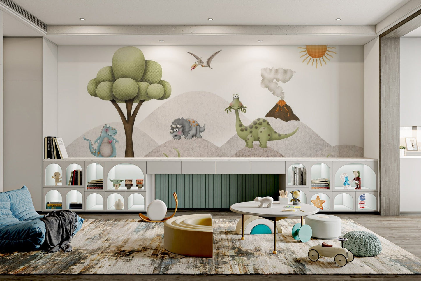 Tiny Dino Friends Wall Mural featuring a yellow smiling sun in modern play room.