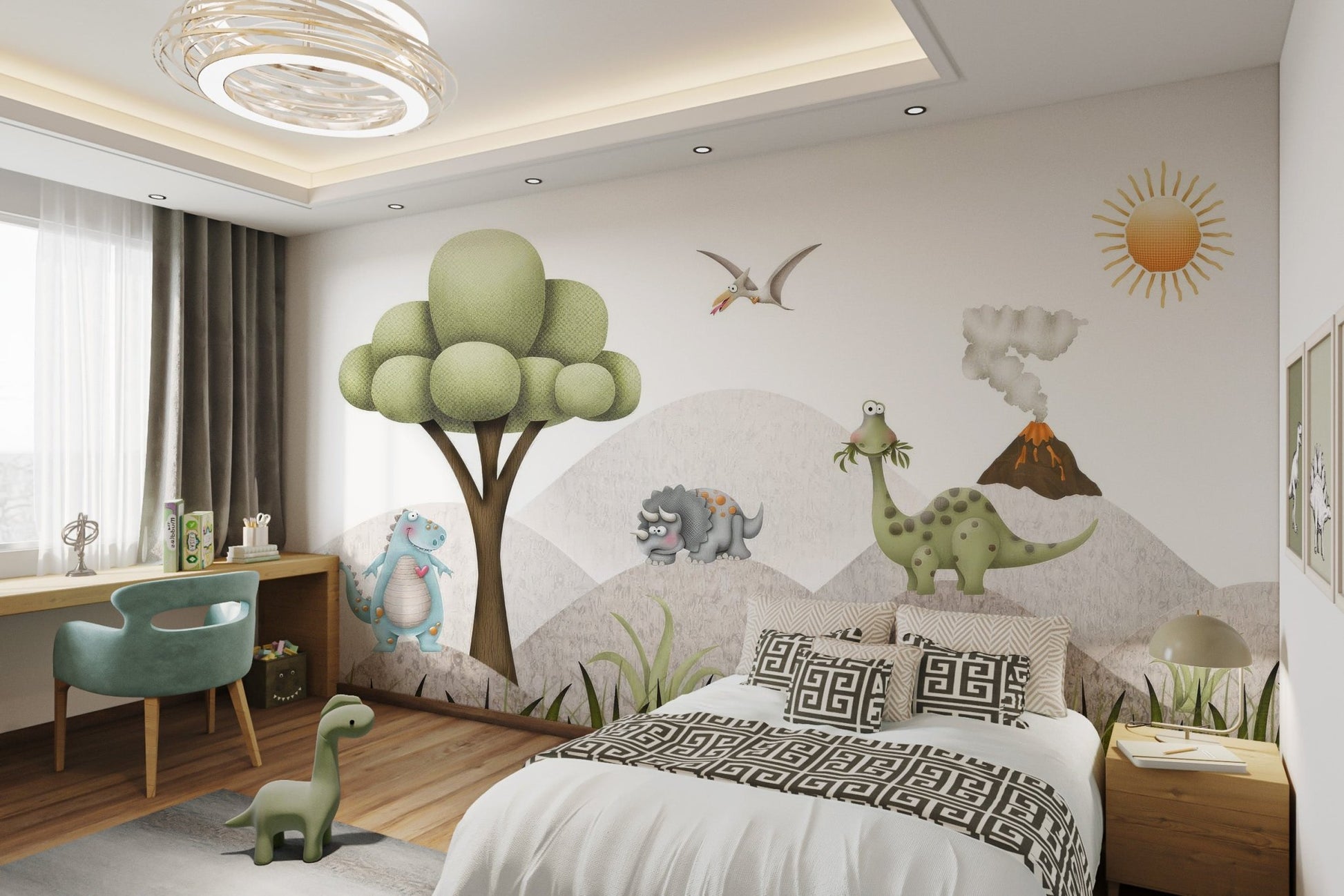Brown volcano with orange lava and white smoke wall mural for bedroom.