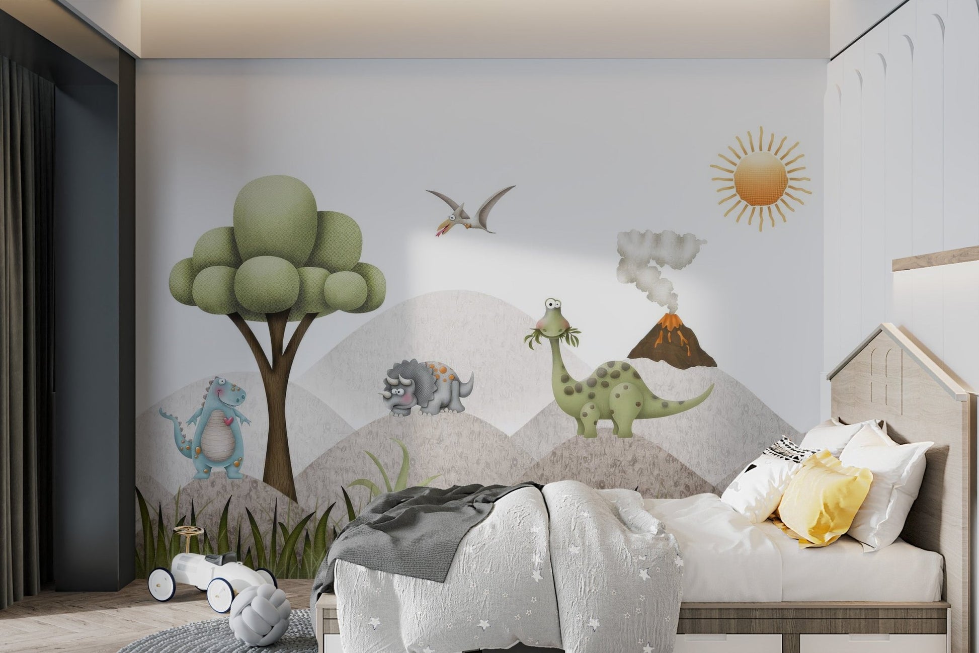 Dino wall mural with playful brontosaurus, pterosaur, and triceratops on grassy hills.