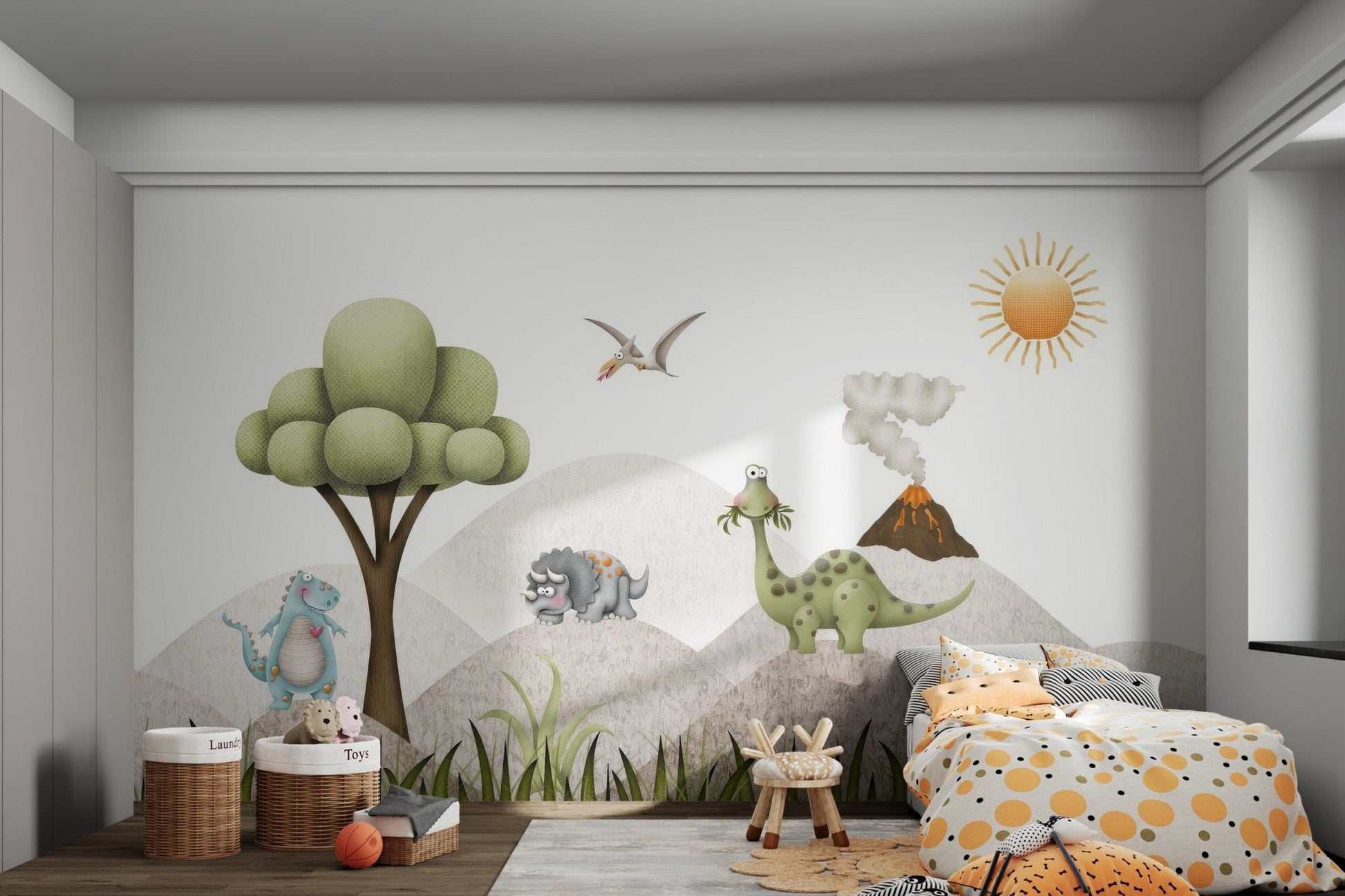Cartoon prehistoric animals in a neutral landscape wall mural