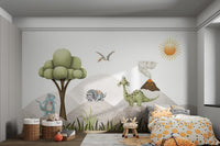 Cartoon prehistoric animals in a neutral landscape wall mural