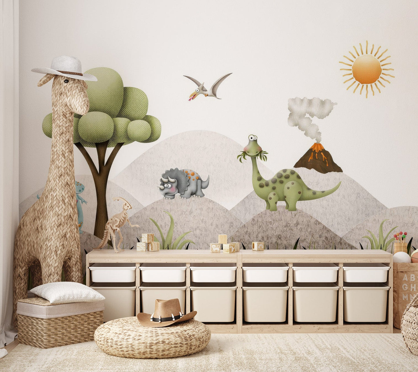 Blue dinosaur with heart on grey mountain background wall mural