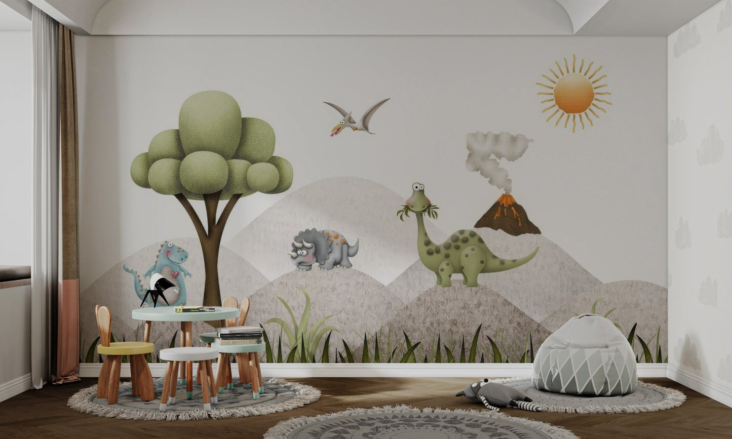 Green long-necked dinosaur eating leaves in forest mural for study area.