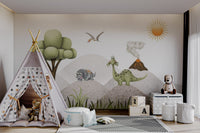 Large green stylized tree with brown trunk wall mural for kids playroom.