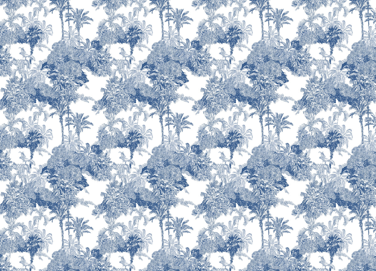 Blue and White Cobalt Tropical Palm Mountain Wallpaper in your room