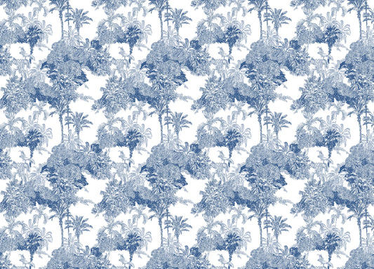Blue and White Cobalt Tropical Palm Mountain Wallpaper