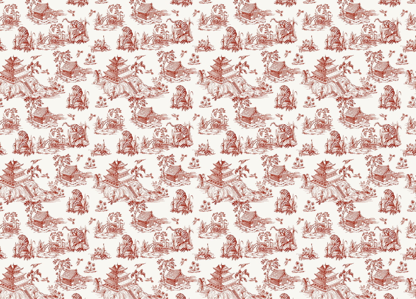 Red Color Seamless Pattern Chinoiserie Style Wallpaper