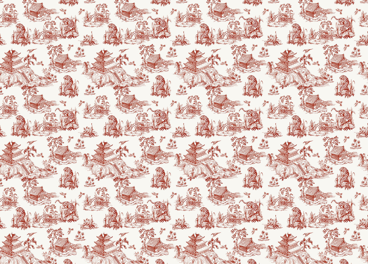 Red Color Seamless Pattern Chinoiserie Style Wallpaper in your room