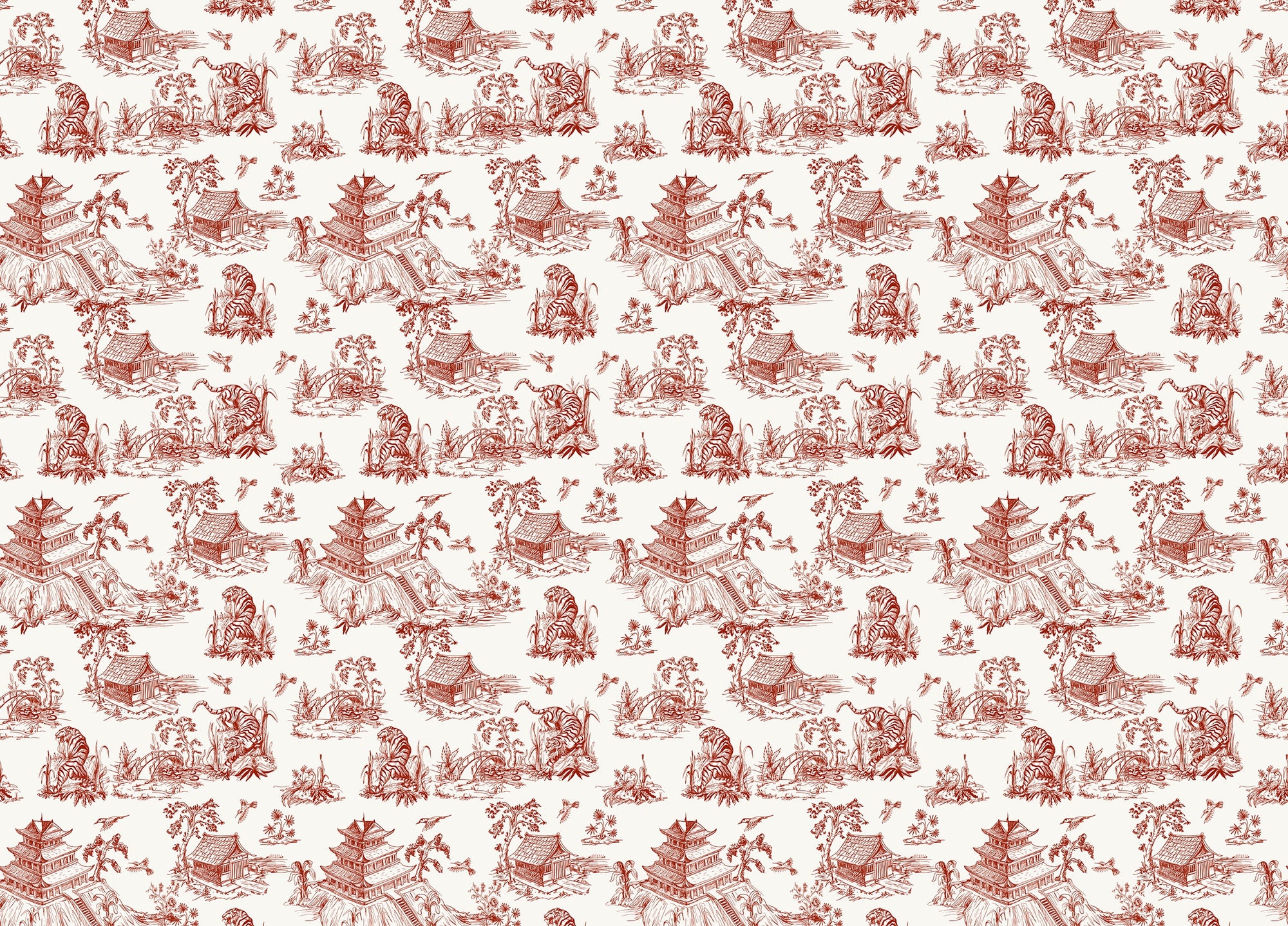 Red Color Seamless Pattern Chinoiserie Style Wallpaper