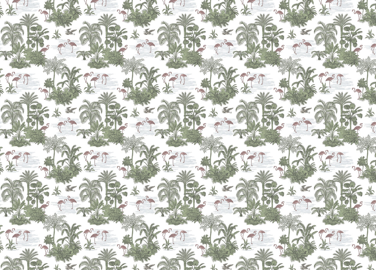 Tropical Palm Trees Flamingo Jungle Toile Wallpaper in your room