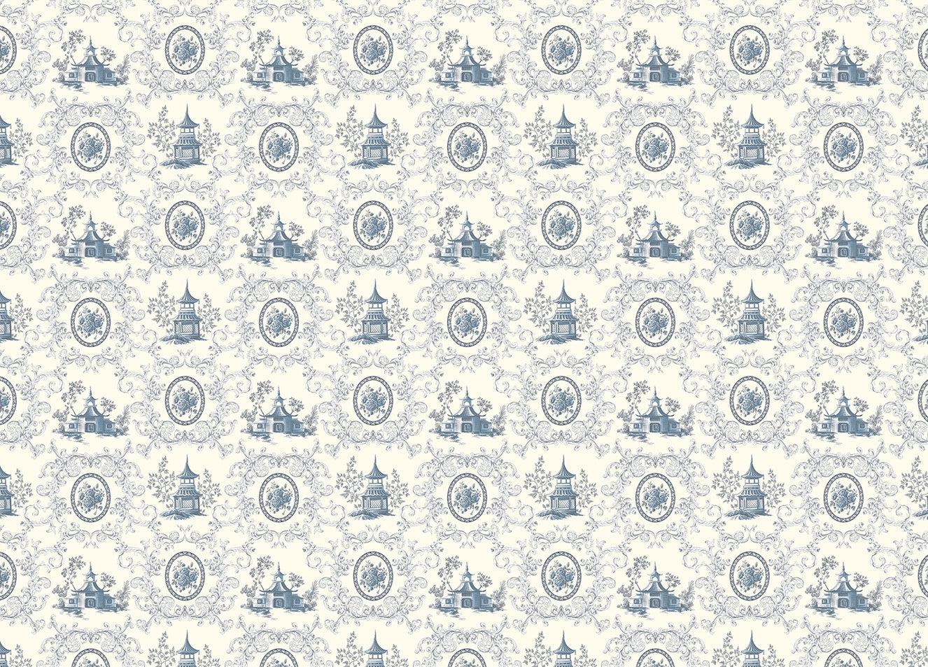 Blue Rose Flower House and Baroque Swirls Toile Wallpaper