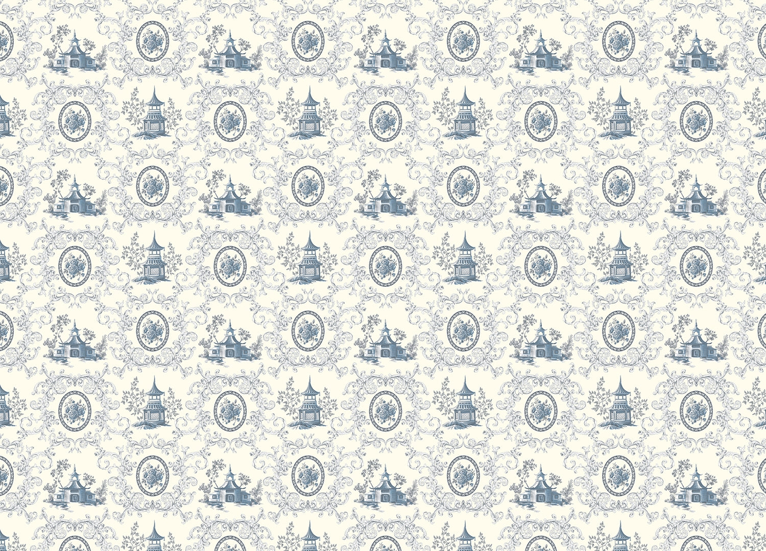 Blue Rose Flower House and Baroque Swirls Toile Wallpaper