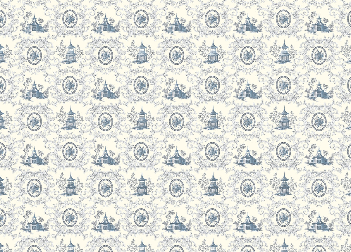 Blue Rose Flower House and Baroque Swirls Toile Wallpaper in your room — zoomed
