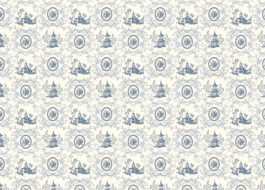 Blue Rose Flower House and Baroque Swirls Toile Wallpaper