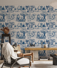 Toile De Jouy Illustration Nature Old French Wallpaper on a living room wall.