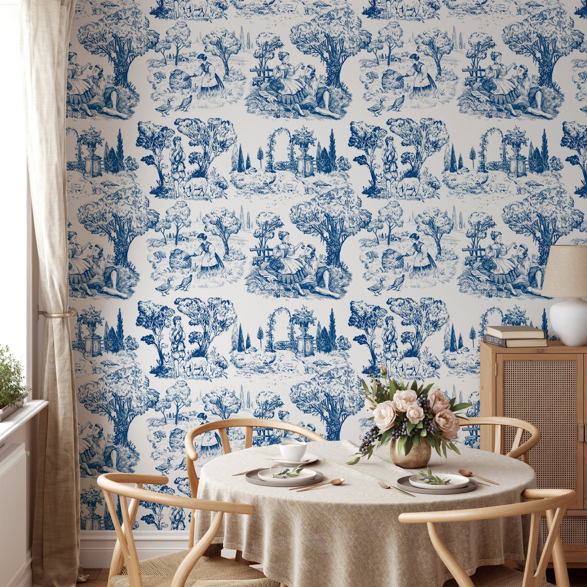 Toile De Jouy Illustration Nature Old French Wallpaper in a dining area.