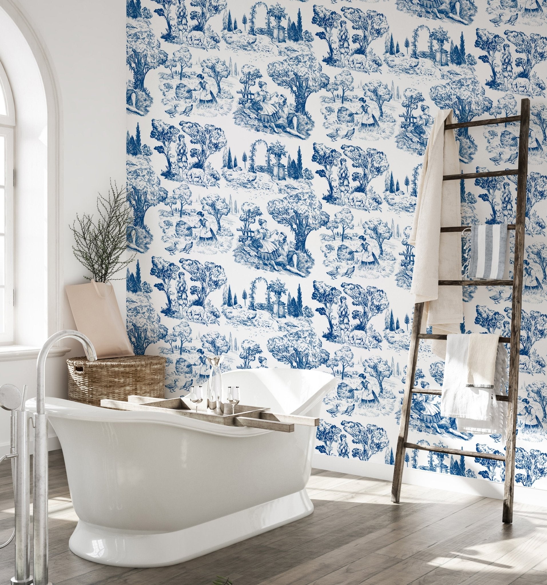 Blue Toile De Jouy Illustration Nature Old French Wallpaper in a bathroom.