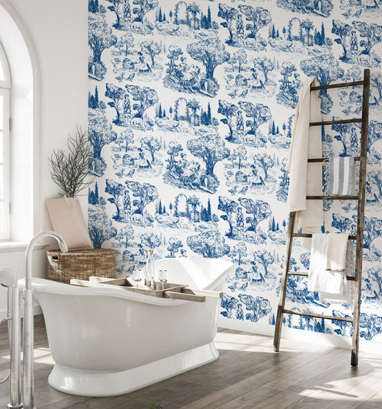 Blue Toile De Jouy Illustration Nature Old French Wallpaper in a bathroom.