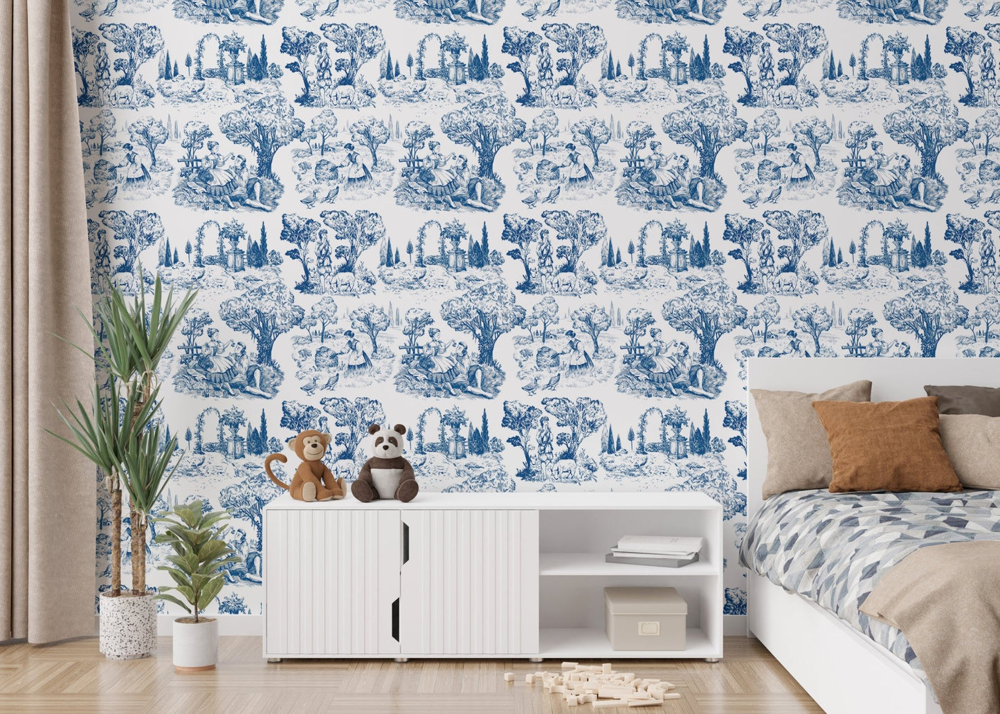 Old French nature illustration wallpaper in a child's bedroom with a white desk.