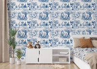 Old French nature illustration wallpaper in a child's bedroom with a white desk.
