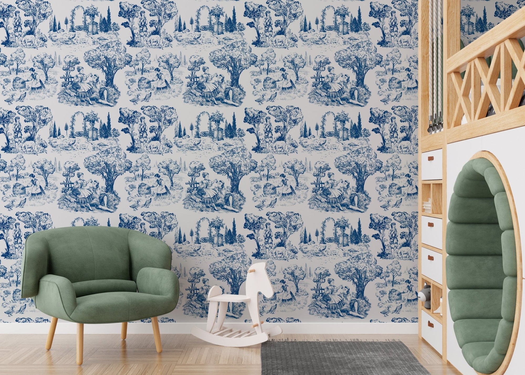Vintage style nature wallpaper in a playroom with a green velvet armchair.