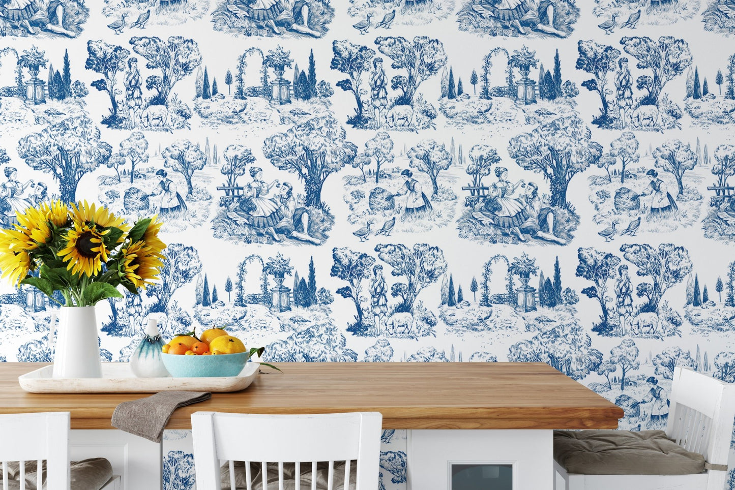 Toile De Jouy Illustration Nature Old French Wallpaper in a dining room.