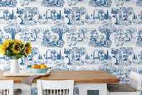 Toile De Jouy Illustration Nature Old French Wallpaper in a dining room.