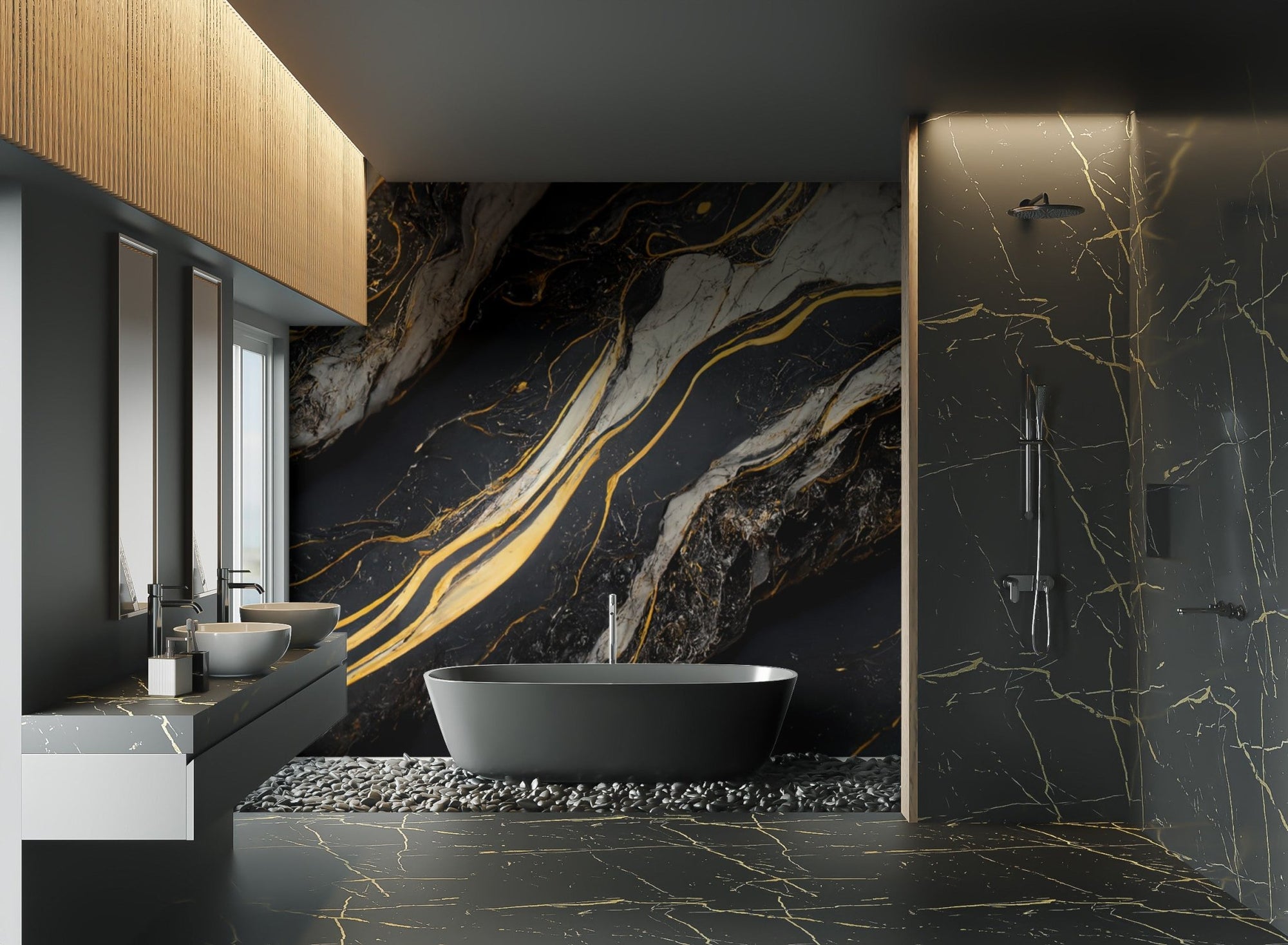 Toile inspired marble wall mural in black and gold pattern for modern bathroom look.