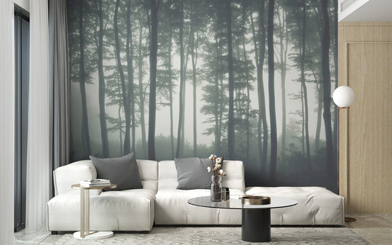 Minimalist white living room with a foggy pine towering wall mural.