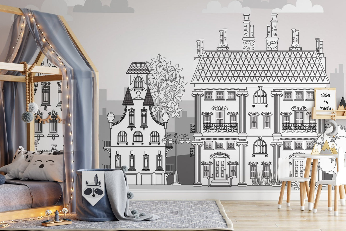 Playroom mural featuring colorful buildings in a town of imagination.
