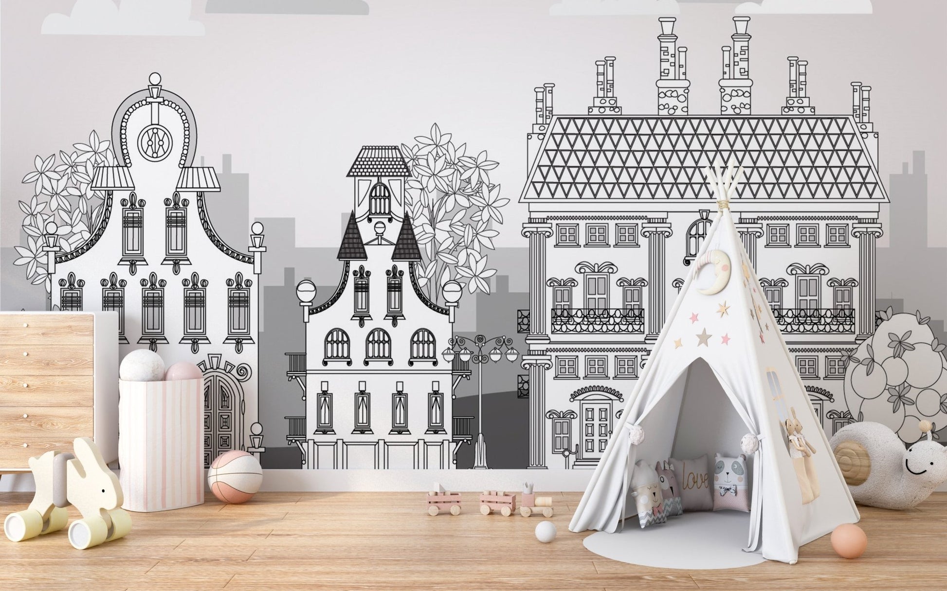 Kids play tent set against a Town of Imagination Kids Wallpaper Murals backdrop.
