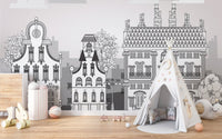 Kids play tent set against a Town of Imagination Kids Wallpaper Murals backdrop.