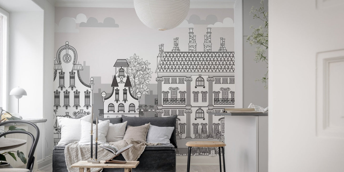 Lively mural with a whimsical town of imagination for living spaces.
