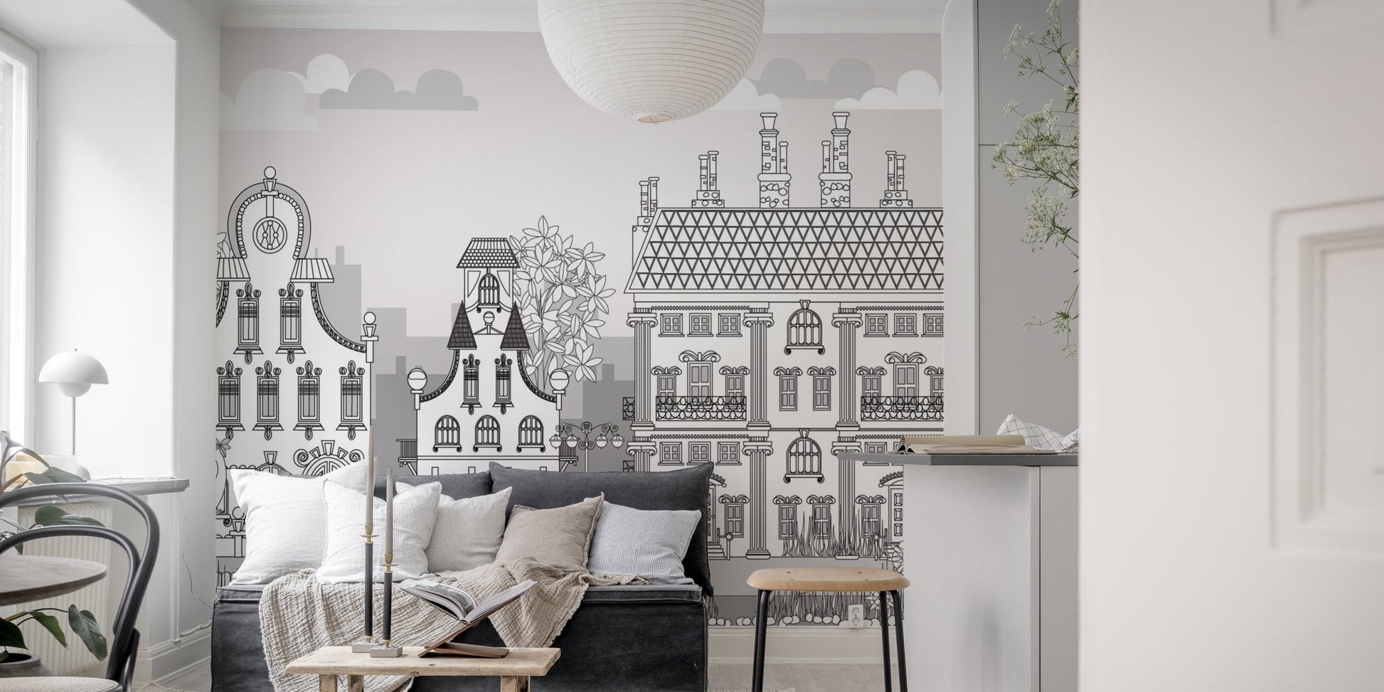 Lively mural with a whimsical town of imagination for living spaces.
