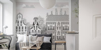 Lively mural with a whimsical town of imagination for living spaces.
