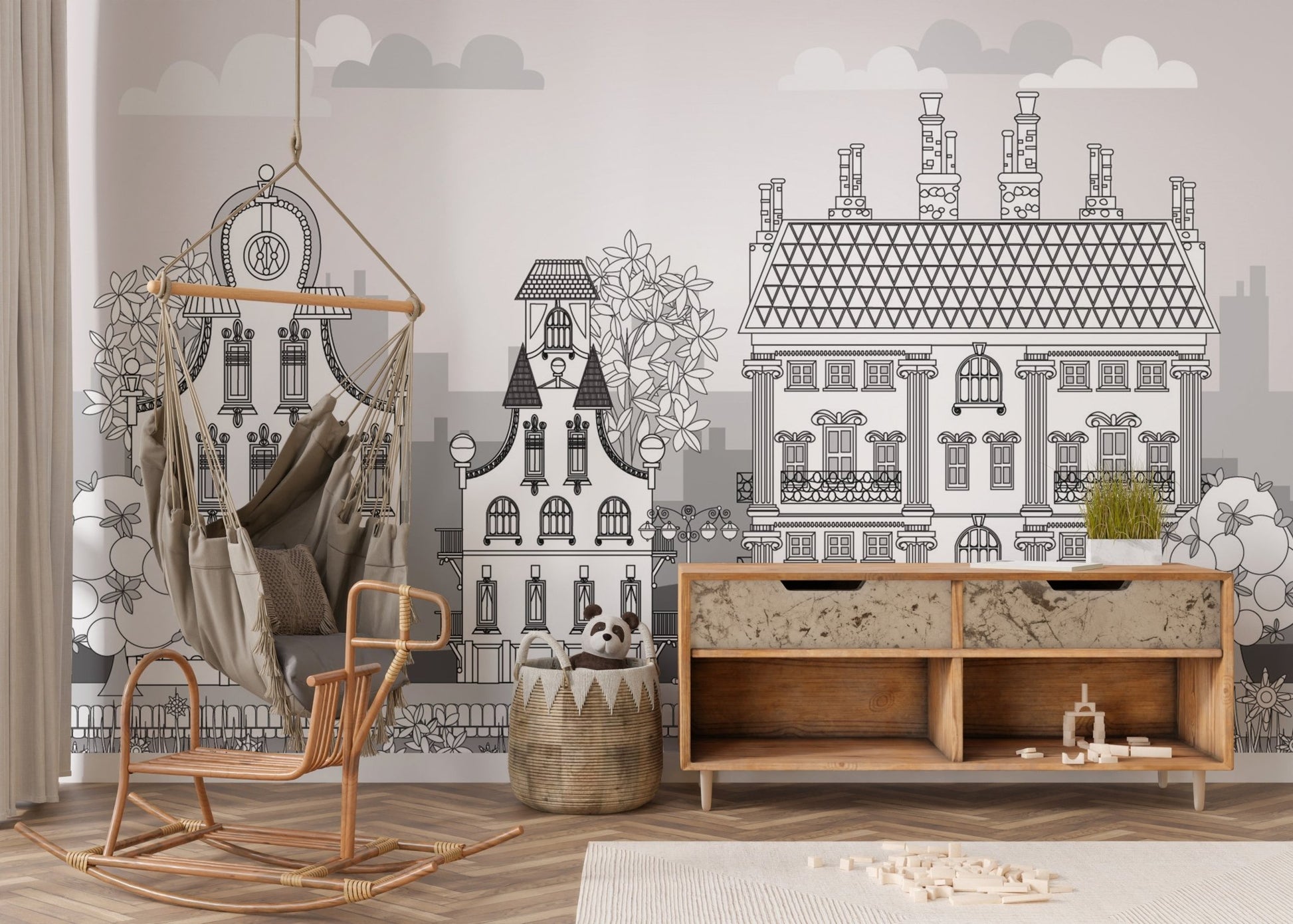 Town of Imagination Kids Wall Murals in a room with a wooden rocking horse.