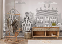 Town of Imagination Kids Wall Murals in a room with a wooden rocking horse.