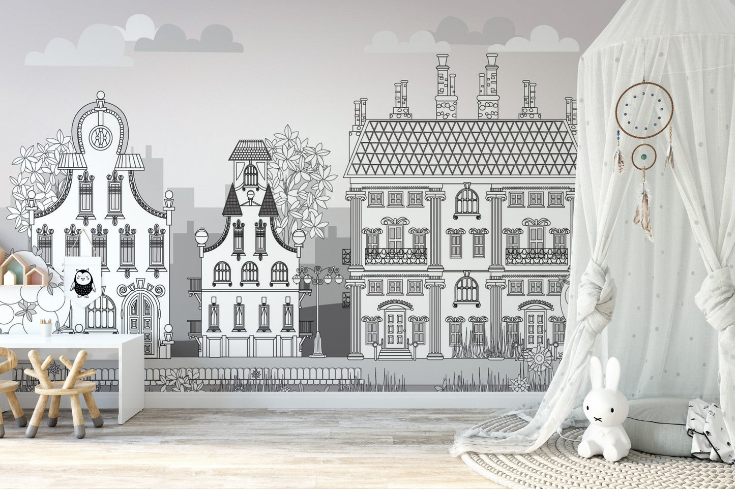 Town of Imagination Kids Wall Murals in a nursery with a white canopy.