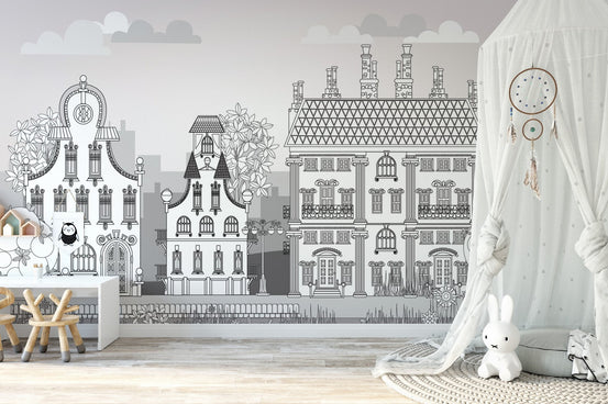 Town of Imagination Kids Wall Murals in a nursery with a white canopy.