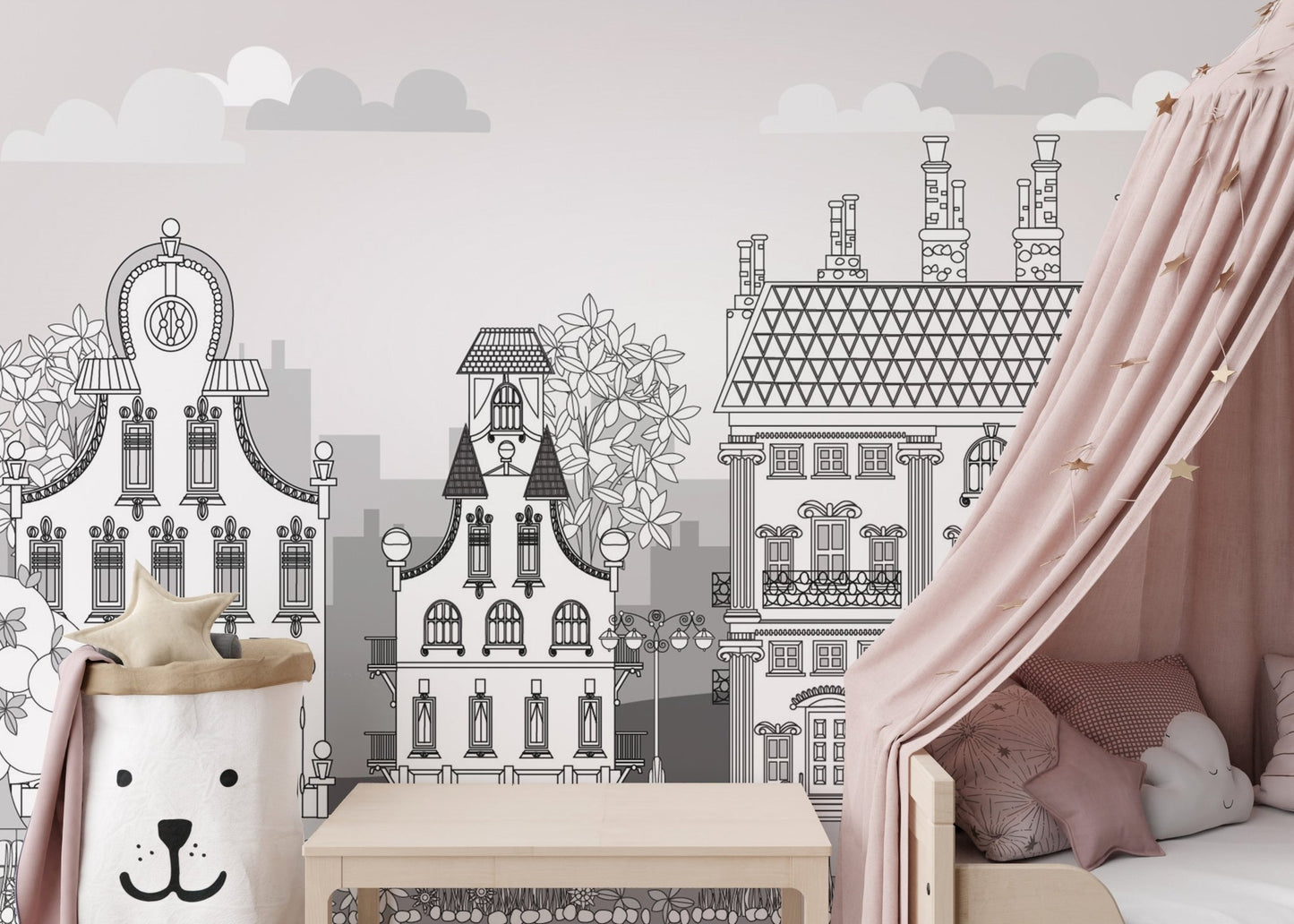 Monochrome town pattern wall mural in a bedroom with a pink bed canopy.