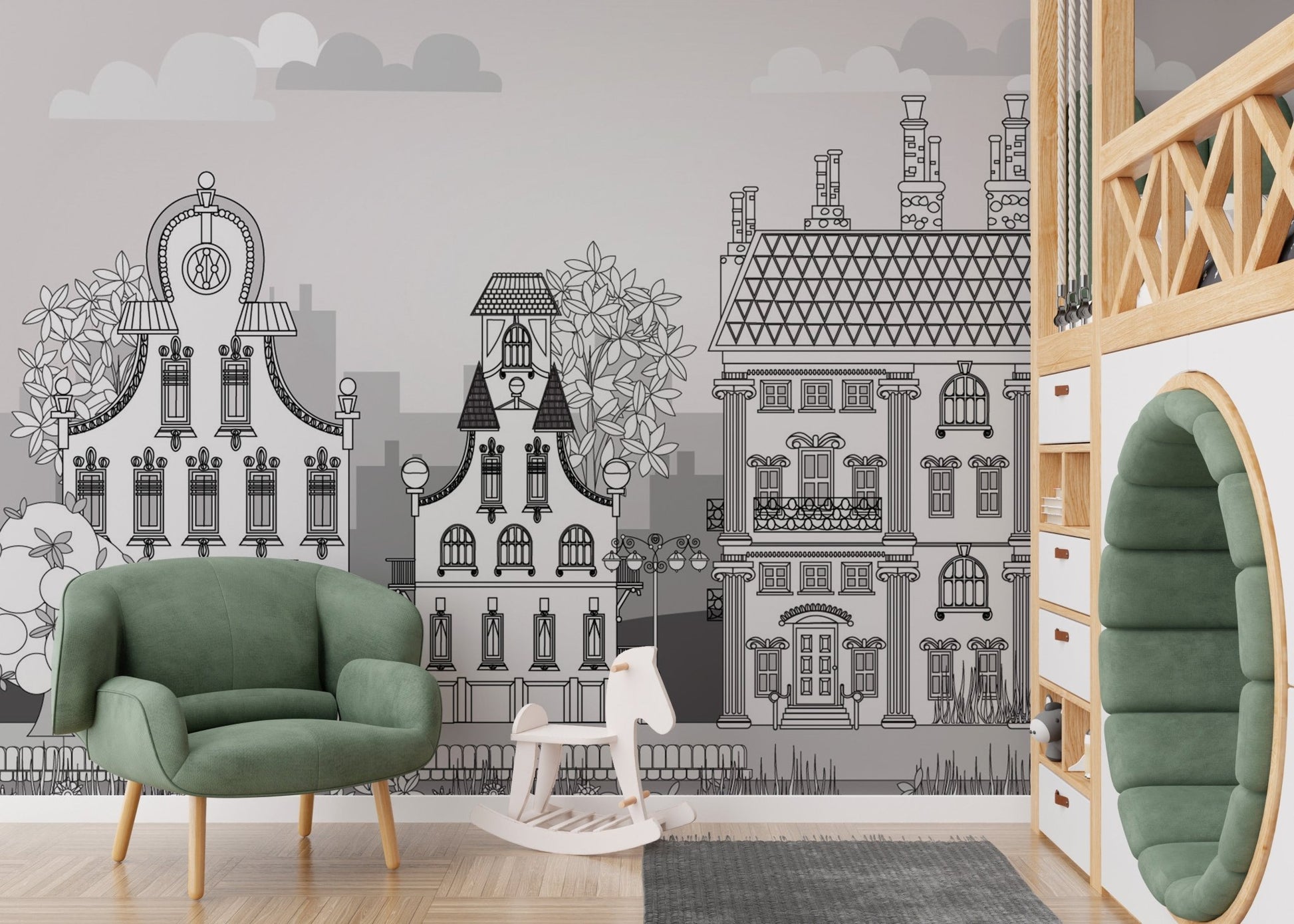 Town of Imagination Kids Wall Murals styled with a green armchair and rug.