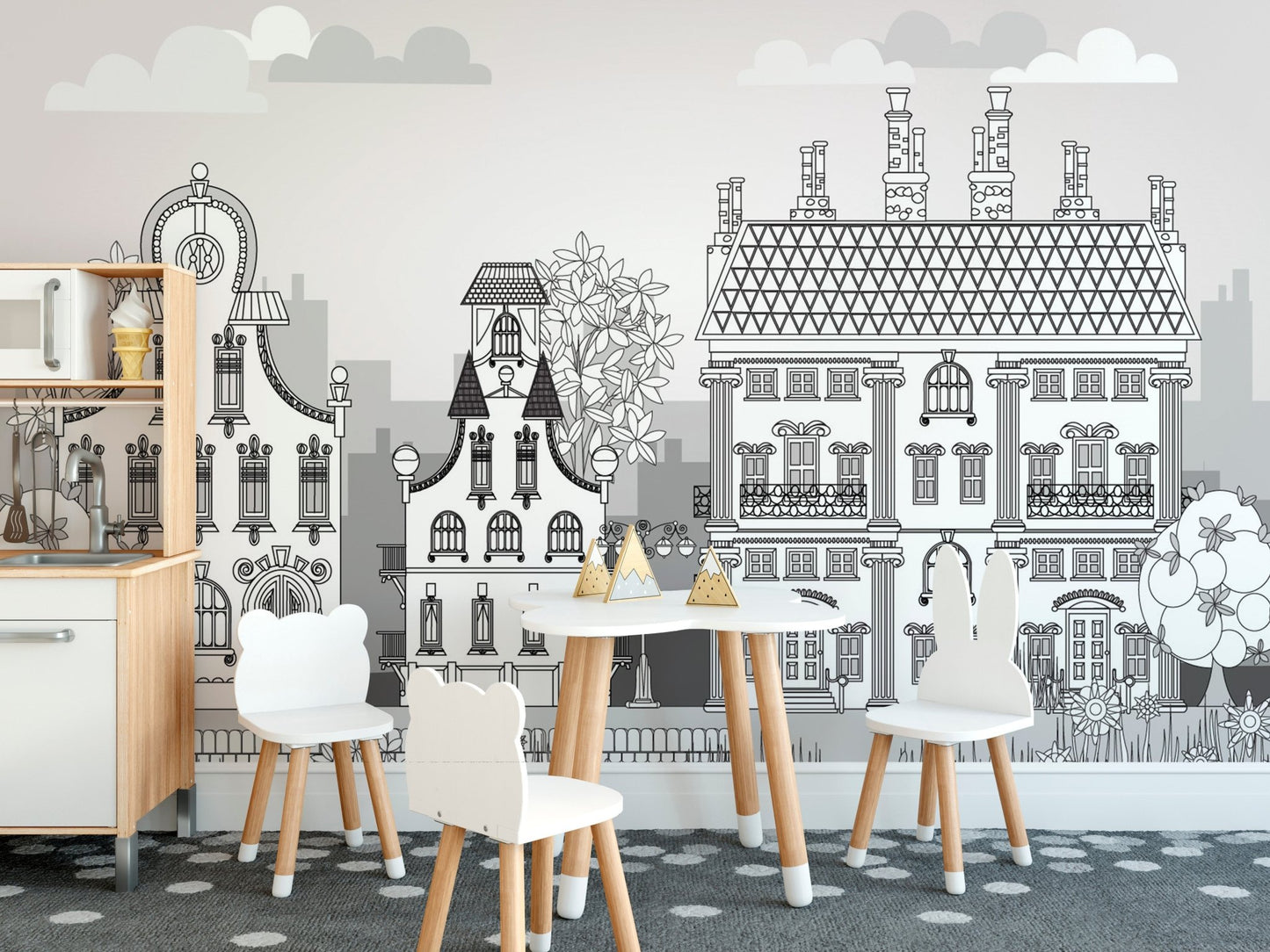 Kids dining room mural featuring a playful and colorful imaginative town.
