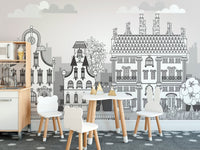 Kids dining room mural featuring a playful and colorful imaginative town.
