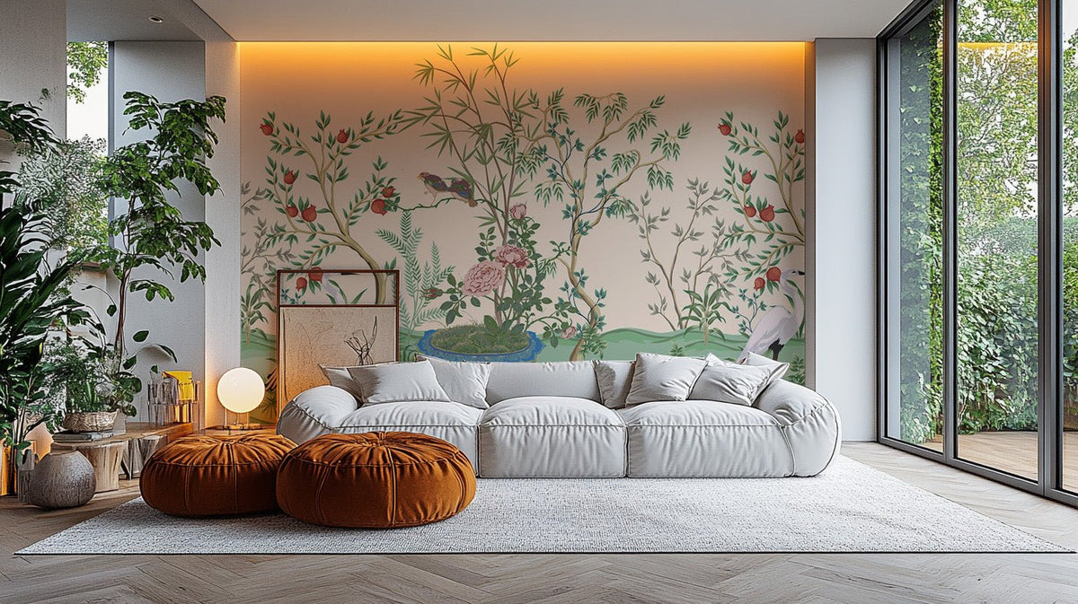 Asian inspired wallpaper mural with cranes and landscape scene.