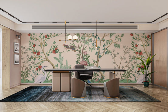 Traditional chinese vase wallpaper mural with cranes and garden art.
