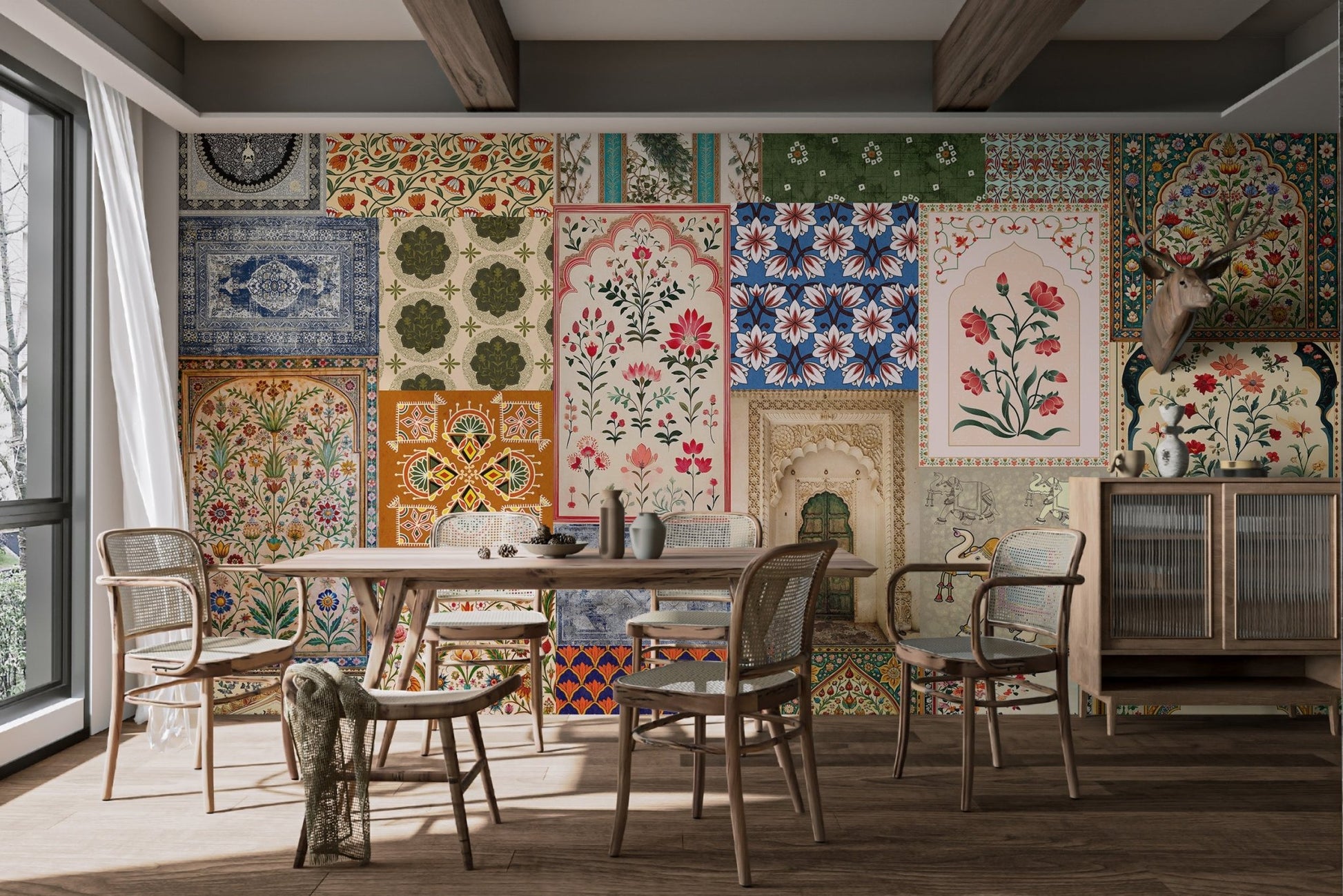 Vibrant ethnic wall mural displaying historical architecture for dining room.