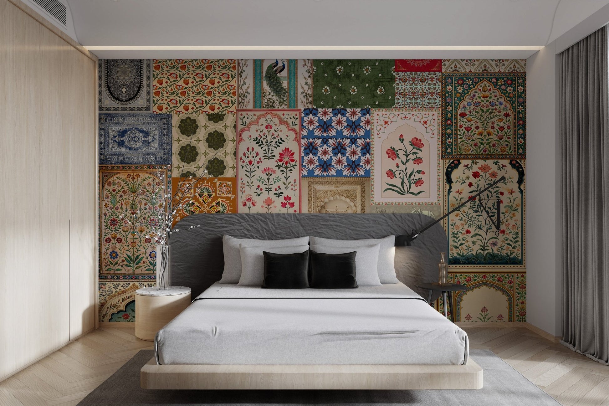 Blue and white floral wall mural with Mughal era stone arch imagery.