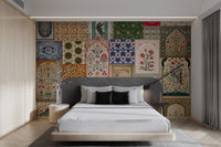 Blue and white floral wall mural with Mughal era stone arch imagery.